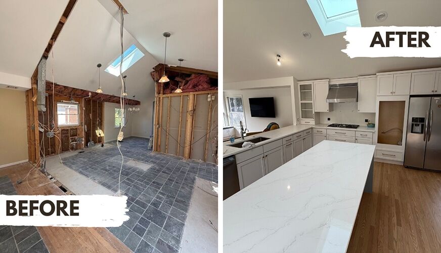Before and after of a DriForce kitchen rebuild: gutted to the studs, then finished with new cabinetry and a quartz island