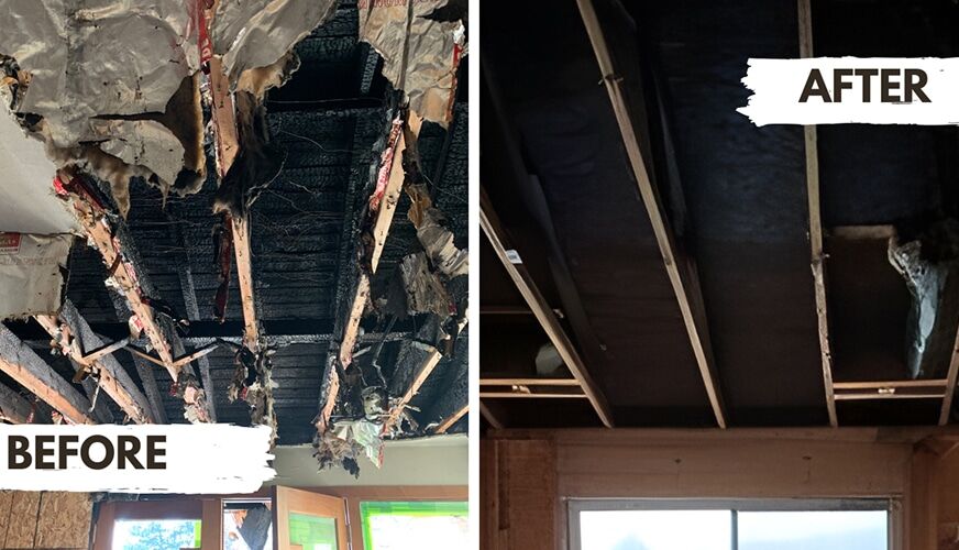 Fire-charred ceiling joists cleaned, sealed, and structurally repaired back to a sound framing base