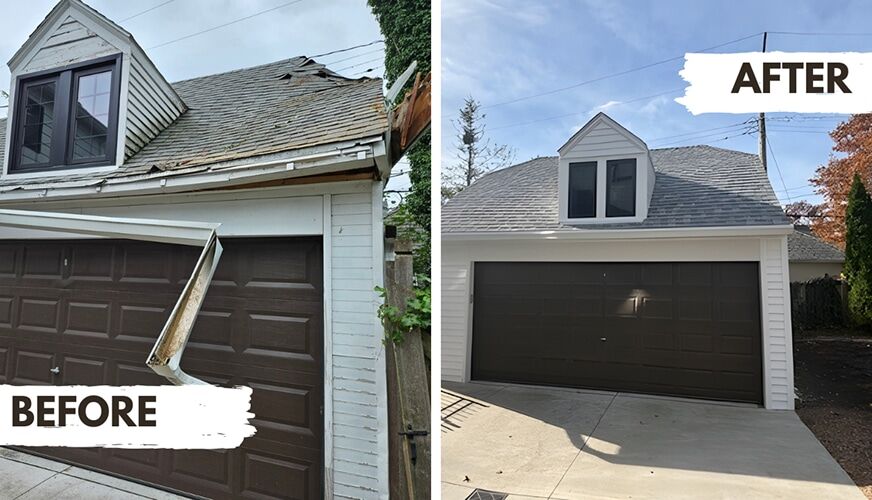 Storm-torn garage roof and siding rebuilt with a new roof, siding, gutters, and garage door