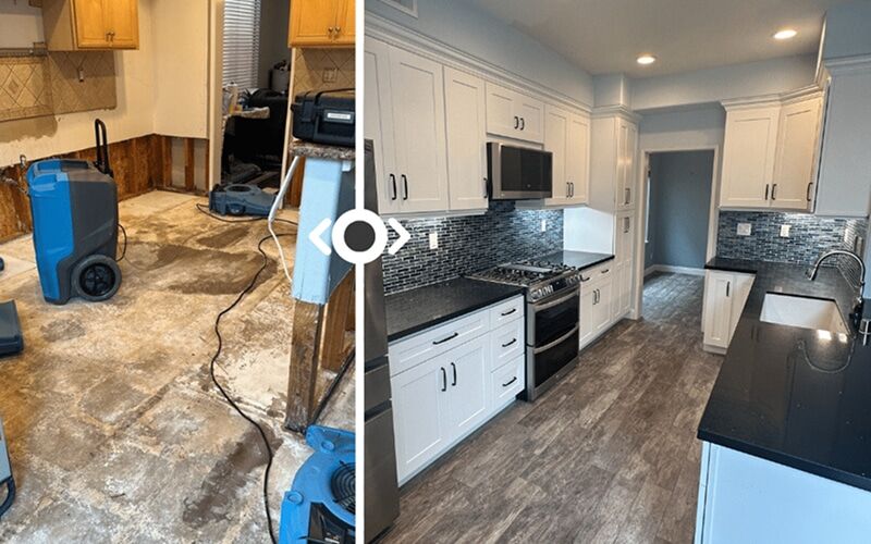 Water-damaged kitchen dried and rebuilt with new cabinets, tile backsplash, flooring, and appliances