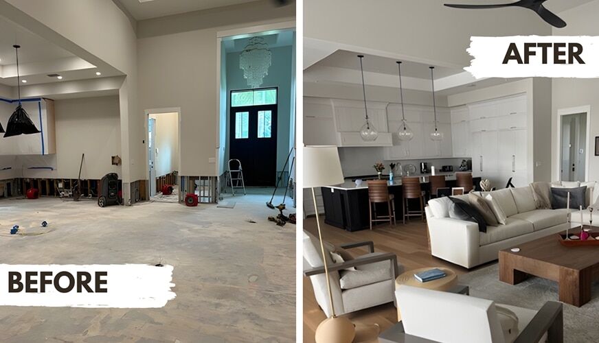 Before and after of a full living-space rebuild by DriForce, from flood-damaged shell to finished luxury great room