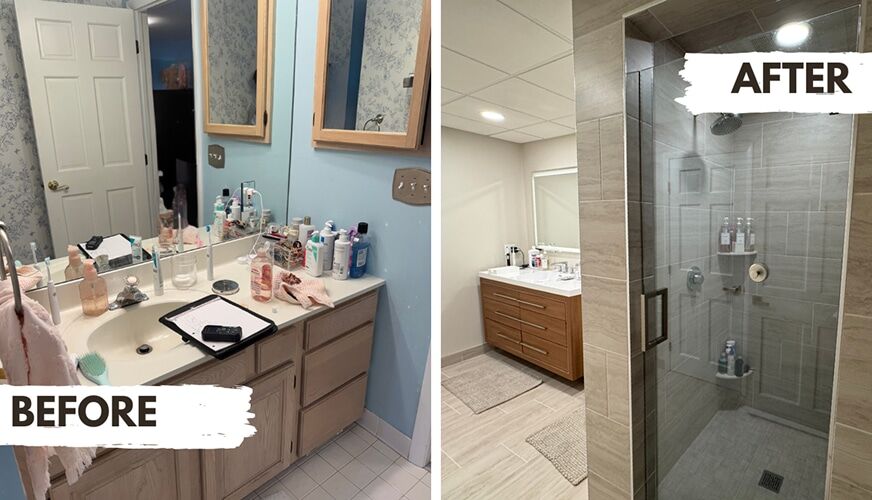 Dated bathroom rebuilt with a tiled walk-in glass shower, new vanity, and tile flooring