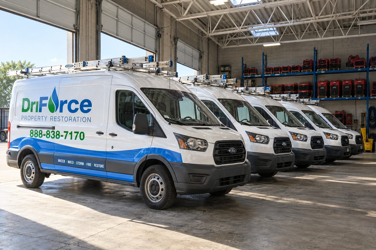 DriForce response fleet staged at the Troy warehouse bay