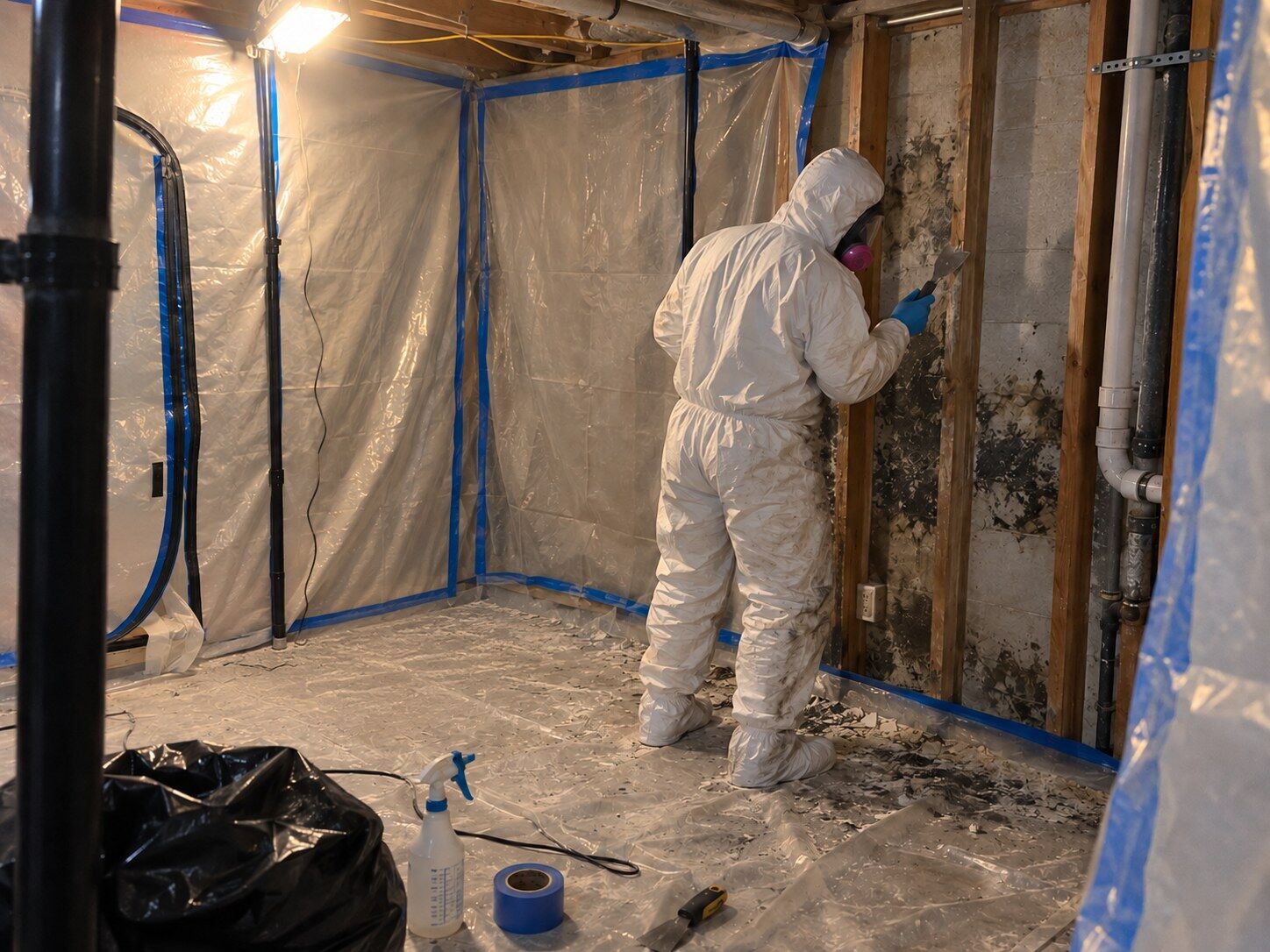 DriForce technician in full protective equipment removing mold from a wall under containment
