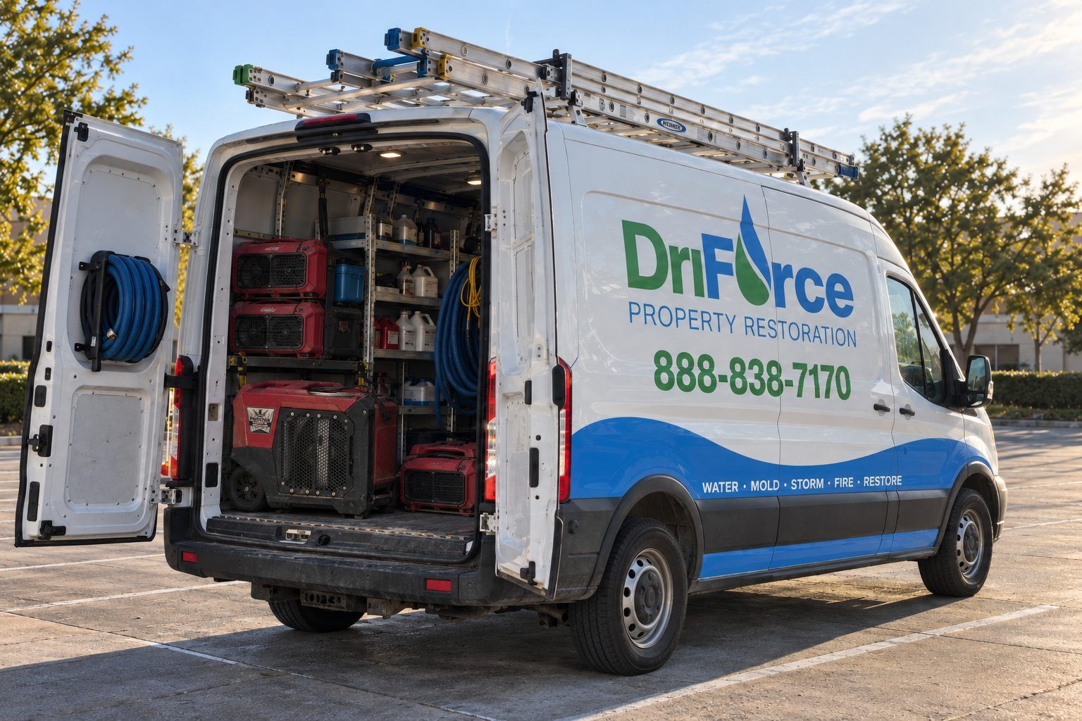 DriForce van with rear doors open showing racked hoses, extraction and drying equipment ready to dispatch