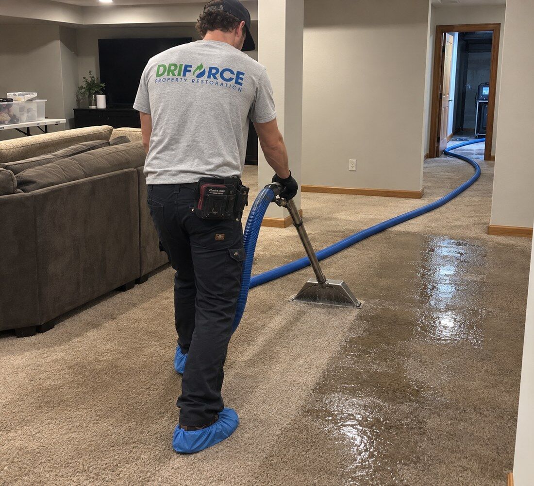 A DriForce technician extracting standing water from carpet with a extraction wand