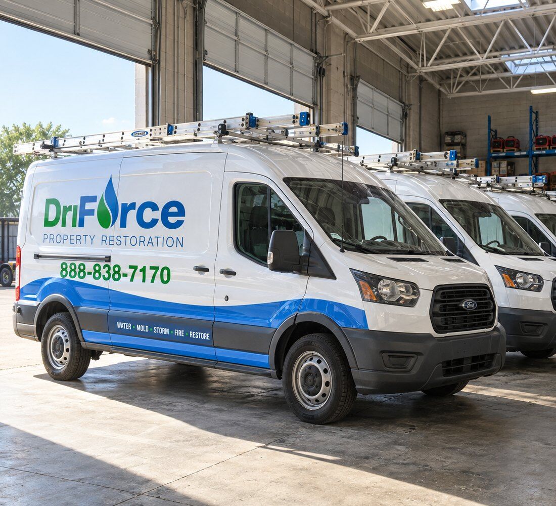 The DriForce Property Restoration van fleet staged in the Troy warehouse bay, loaded and ready to dispatch