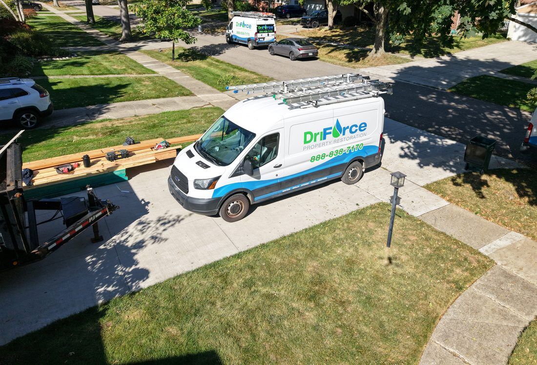 Aerial view of a DriForce crew working a property restoration job