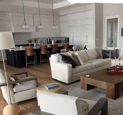 Open-concept great room and kitchen fully rebuilt by DriForce after water damage in a Metro Detroit home