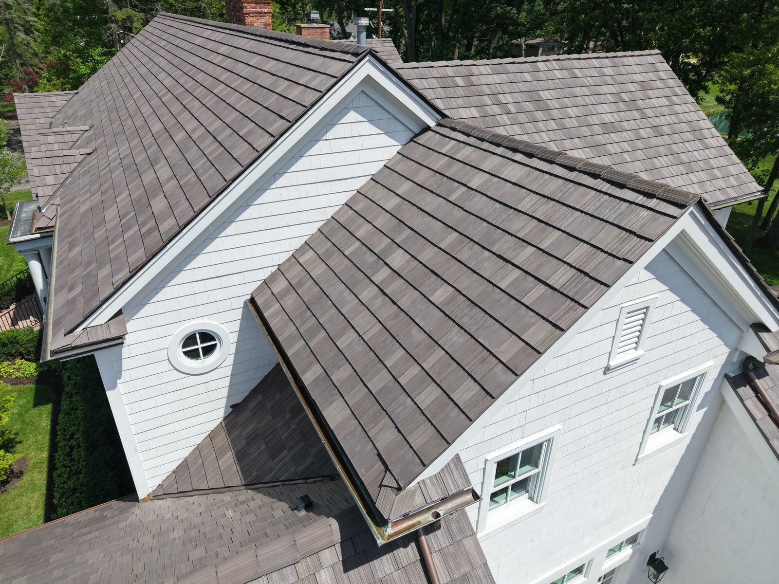 Detail of a completed DaVinci synthetic slate roof installation