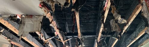 Fire-damaged ceiling structure during smoke and fire restoration - DriForce Property Restoration
