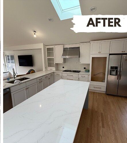 The same Metro Detroit kitchen fully rebuilt with new cabinets and quartz island after DriForce residential restoration