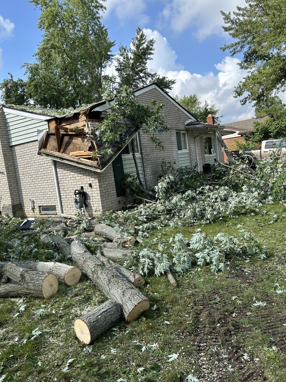 Roof and rafters crushed by a fallen tree on a Michigan home, trunk already cut into sections during DriForce emergency tree removal