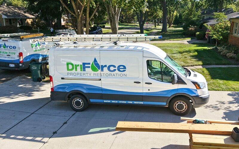 DriForce Property Restoration response fleet stocked with commercial drying equipment in Metro Detroit