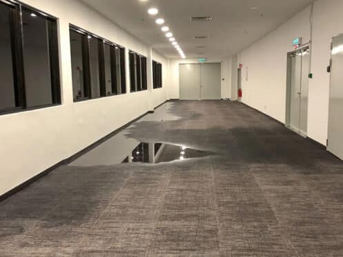 Flooded commercial hallway carpet in a Metro Detroit building before water extraction