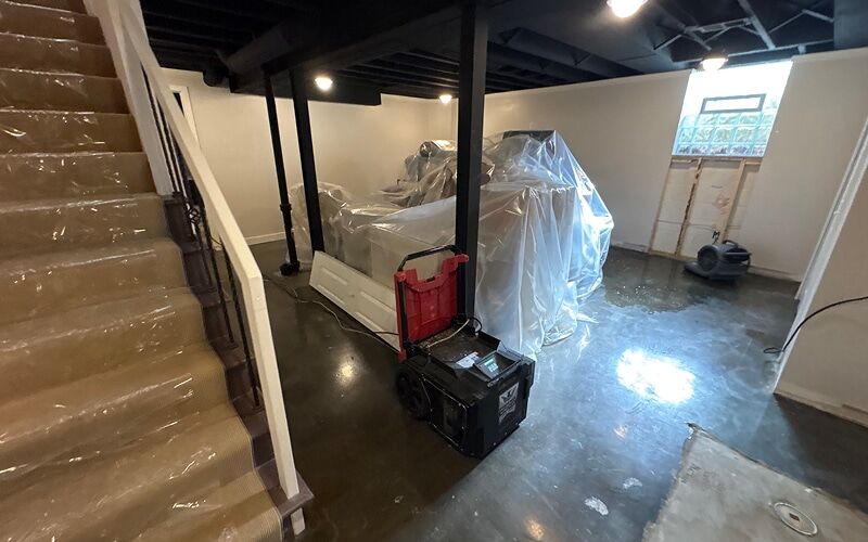 Dehumidifier running with contents wrapped in protective poly during water damage restoration in a Metro Detroit basement