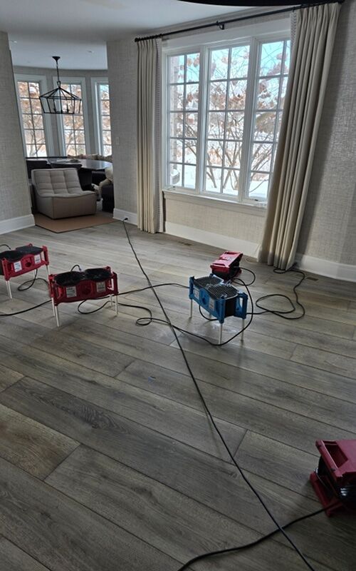 Commercial LGR dehumidifiers and air movers running a structural drying job in a Metro Detroit home